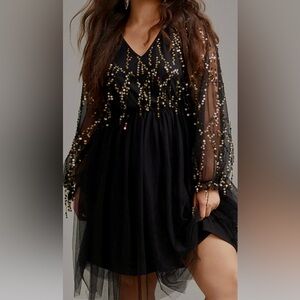 Black Mesh Dress with Gold Sequin Details